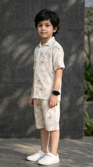Ahhaaaa Boys 2-Piece Botanical Line-Art Co-ord Set - Shirt & Shorts (Green, Grey, Purple)
