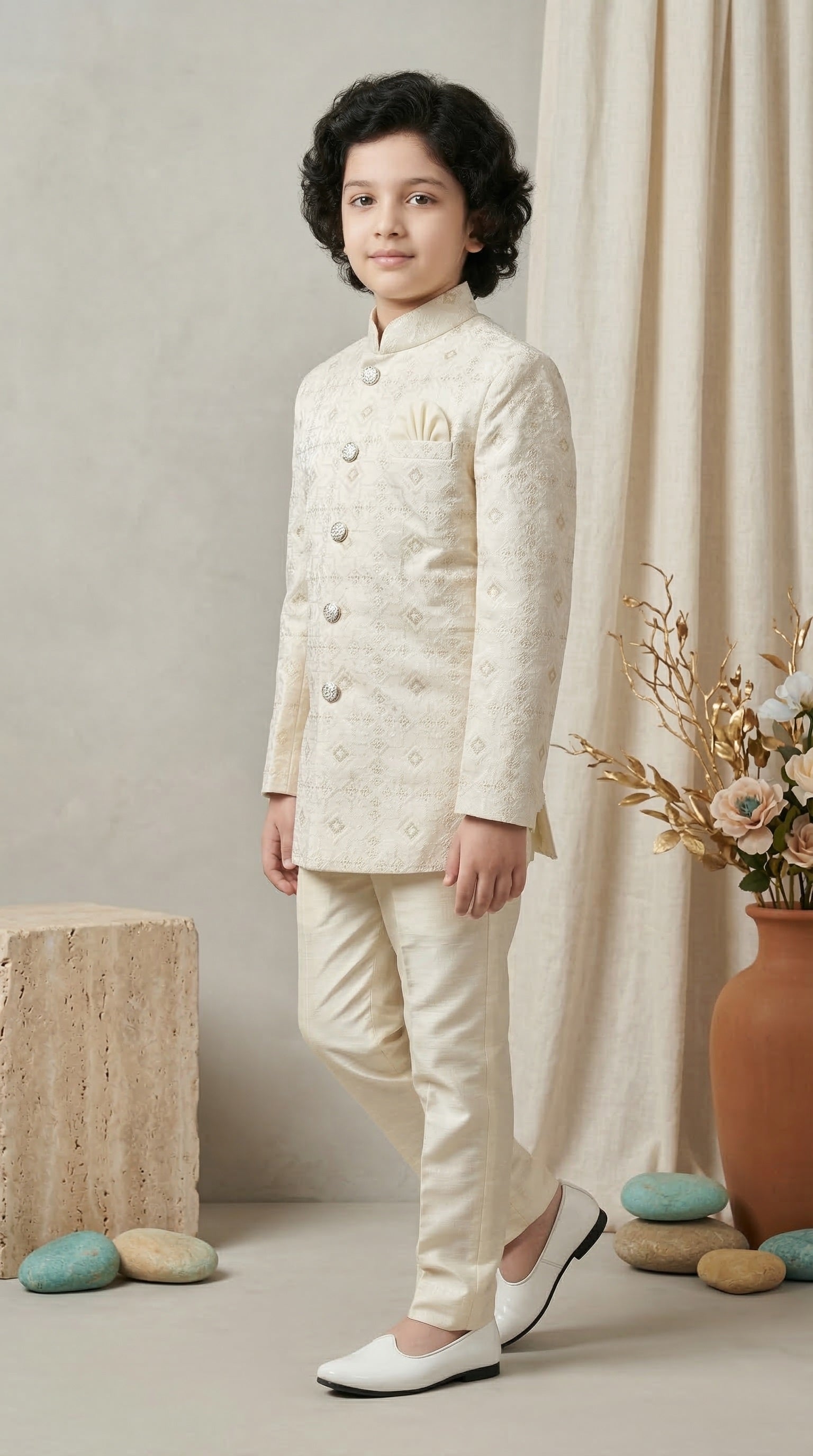 Ahhaaaa Boys Designer Jodhpuri Bandhgala Suit Set - Wine, Pink, Cream (2-11 Years)