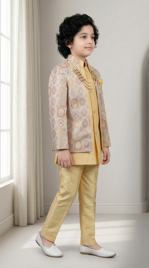 Ahhaaaa Boys' Royal Ethnic Printed Blazer with Sleeveless Kurta, Trouser & Maala Set (2-10 Years)