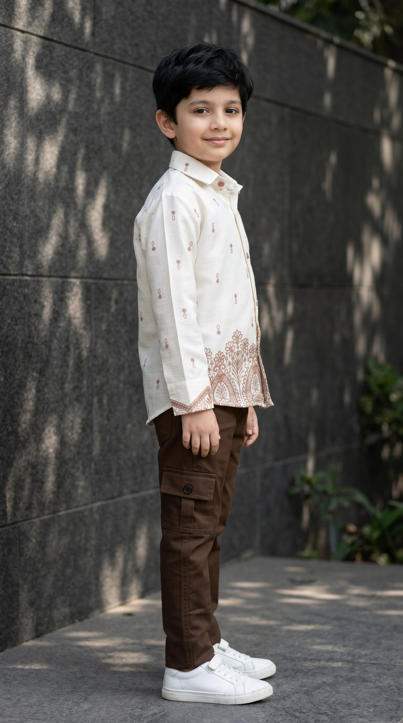 Ahhaaaa Boys Designer Paisley Print Shirt & Cargo Pant Set - Blue, Brown, Pink (2-8 Years)