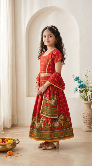 Ahhaaaa Girls' Traditional Dandiya Print Chaniya Choli | Festive Lehenga Blouse & Draped Dupatta 3-Piece Set