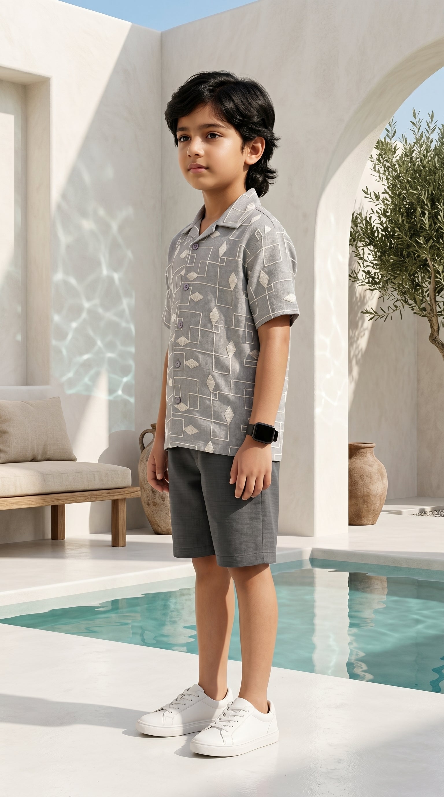 Ahhaaaa Boys 2-Piece Geometric Line-Art Co-ord Set - Brown, Green, Grey (2-12 Years)