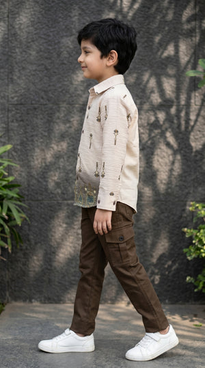 Ahhaaaa Boys Textured Ombre Drop Motif Shirt & Cargo Pant Set - Brown, Green, Pink (2-8 Years)