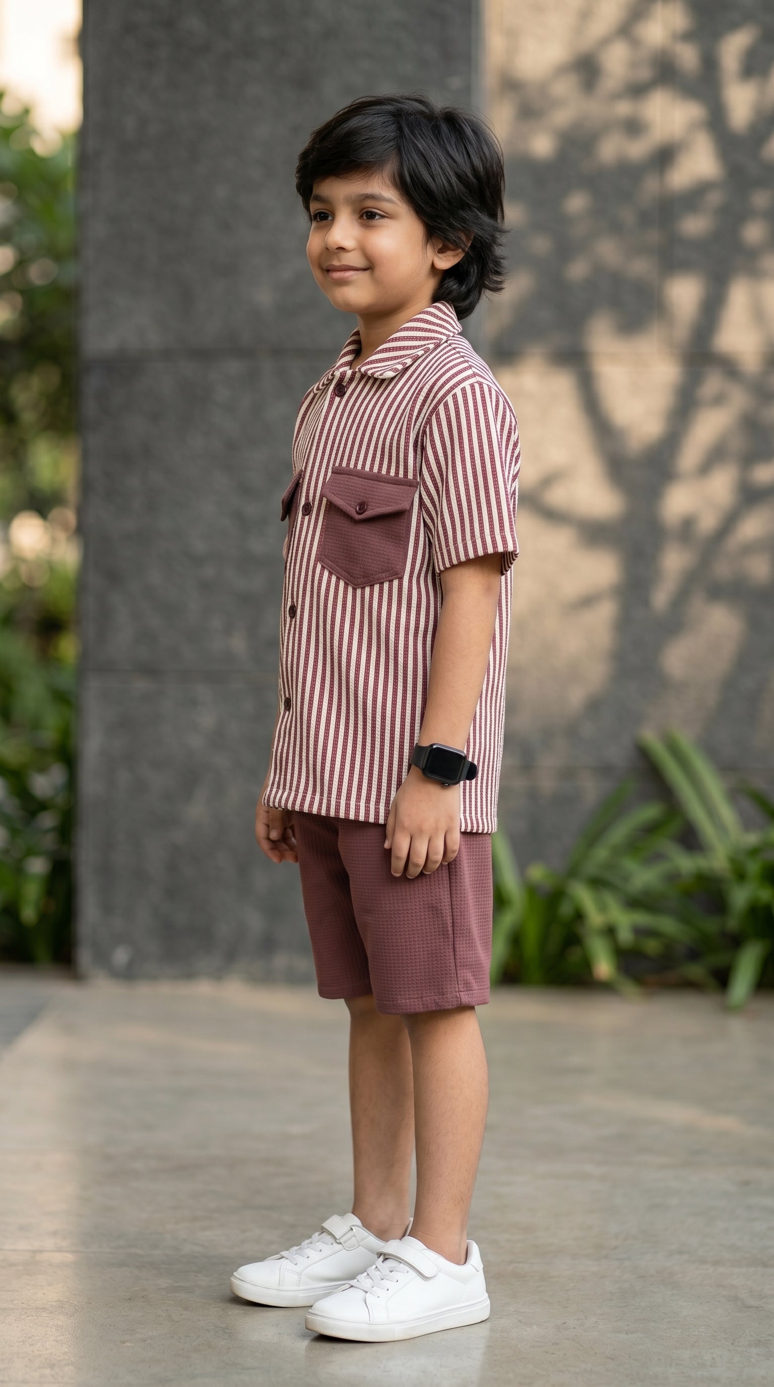 Ahhaaaa Boys 2-Piece Striped Textured Co-ord Set - Shirt & Shorts (Green, Pink, Grey)