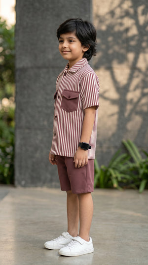 Ahhaaaa Boys 2-Piece Striped Textured Co-ord Set - Shirt & Shorts (Green, Pink, Grey)