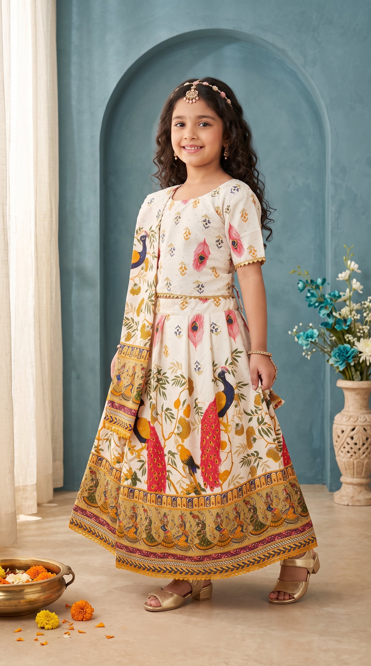 Ahhaaaa Girls' Peacock Kalamkari Print Chaniya Choli | Festive Lehenga Blouse & Draped Dupatta 3-Piece Set