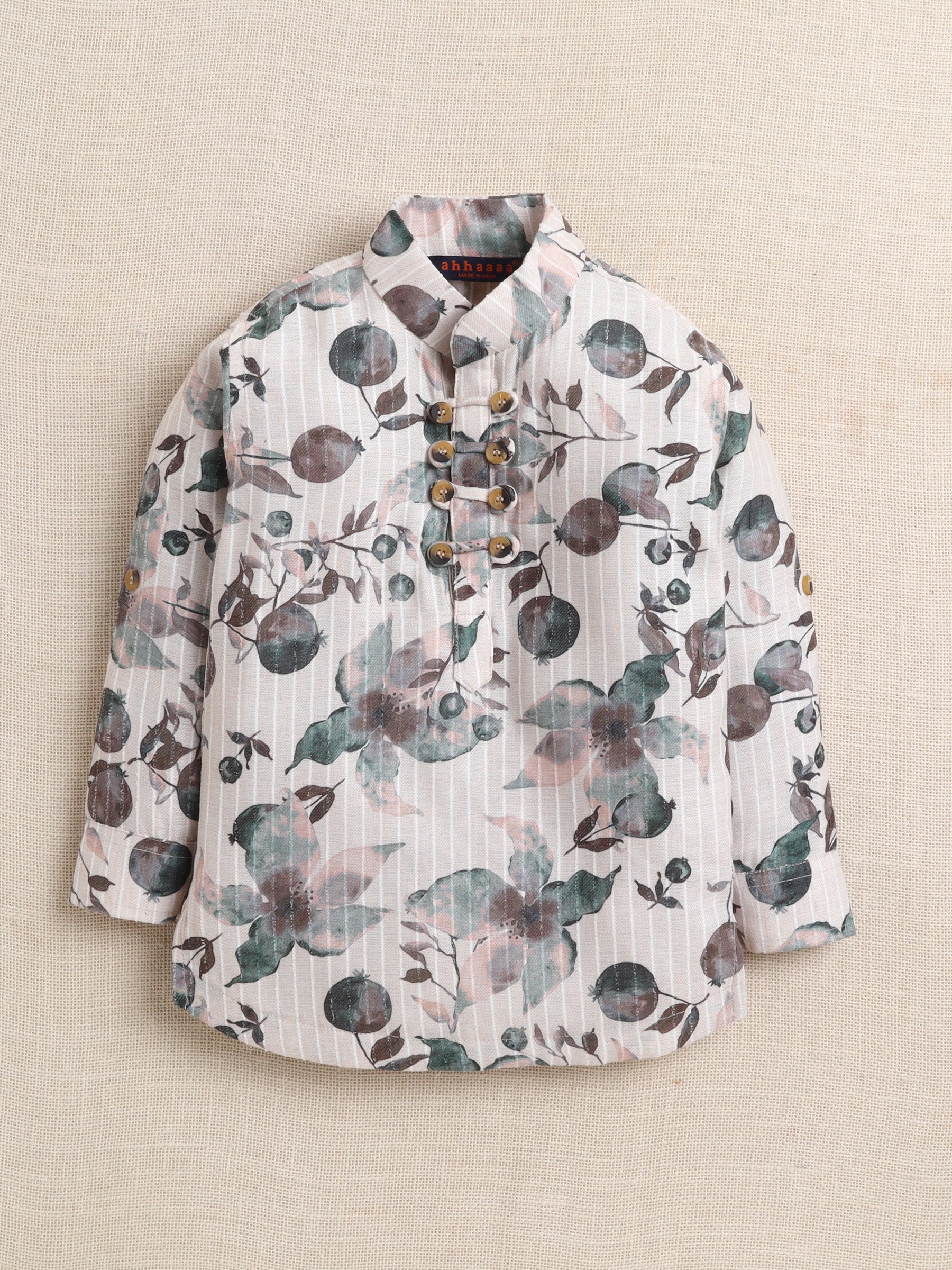 Ahhaaaa Boys' Ethnic Printed Cotton Blend Full Sleeve Kurta Shirt - Casual Traditional Wear for Kids