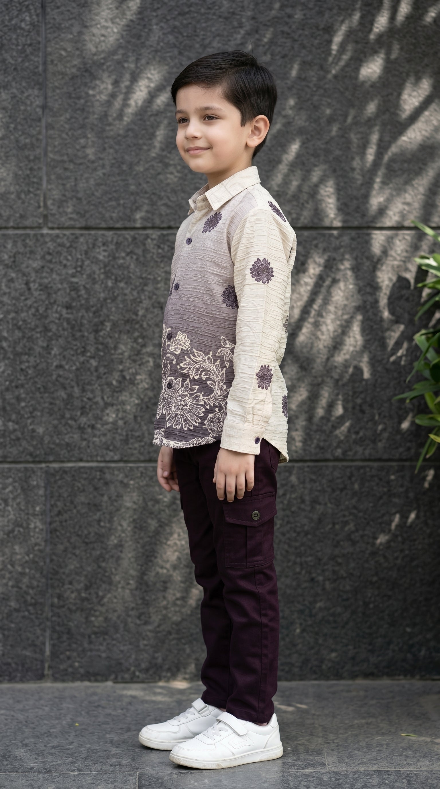 Ahhaaaa Boys Designer Textured Ombre Floral Shirt & Cargo Pant Set - Blue, Grey, Purple (2-8 Years)