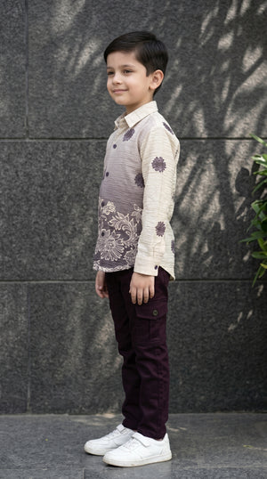 Ahhaaaa Boys Designer Textured Ombre Floral Shirt & Cargo Pant Set - Blue, Grey, Purple (2-8 Years)
