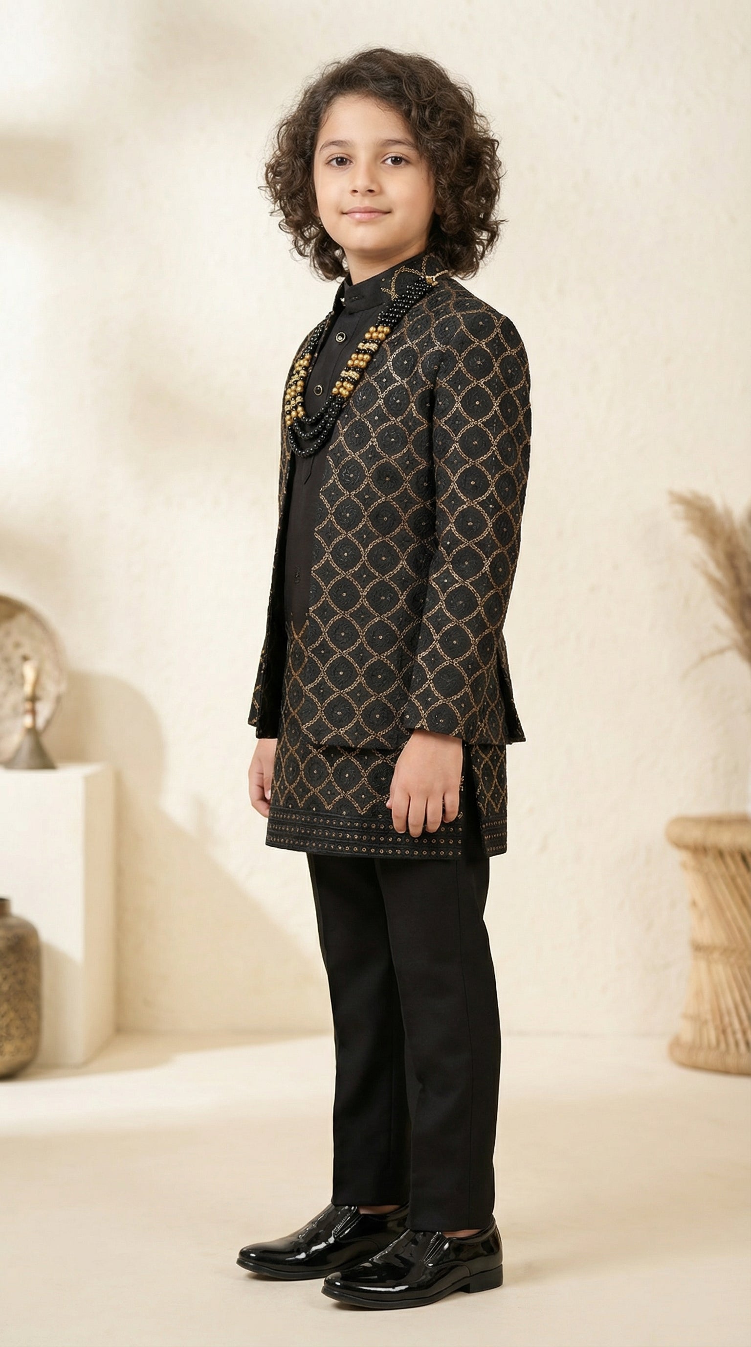 Ahhaaaa Boys 3-Piece Indo-Western Set with Embroidered Jacket & Kurta - Black, Pink, White (2-11 Years)