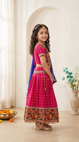 Ahhaaaa Girls' Traditional Dandiya Print Chaniya Choli | Festive Lehenga Blouse & Draped Dupatta 3-Piece Set
