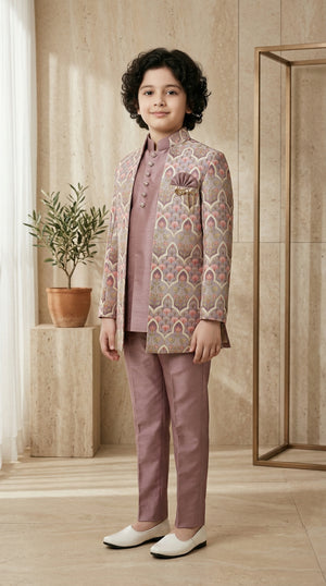 Ahhaaaa Boys Designer Indo-Western Jacket Set with Brooch & Jeweled Buttons (2-11 Years)