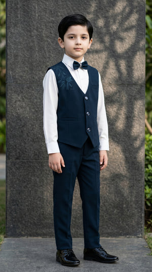 Ahhaaaa Boys 3-Piece Formal Waistcoat Suit Set with Shirt & Bow Tie - Black, Navy, Wine (2-8 Years)