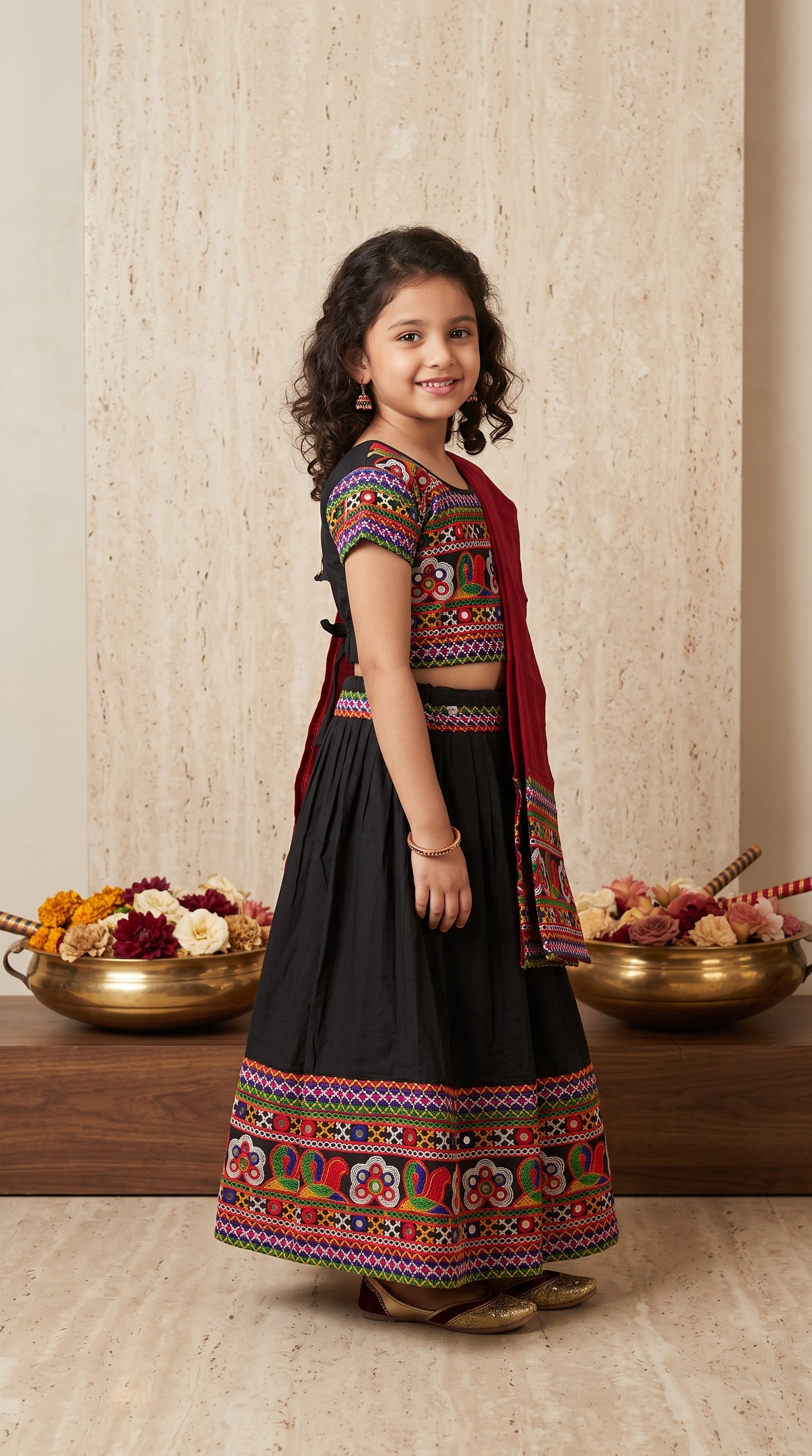 Ahhaaaa Girls' Traditional Embroidered Navratri Chaniya Choli | Festive Lehenga Blouse & Dupatta 3-Piece Set