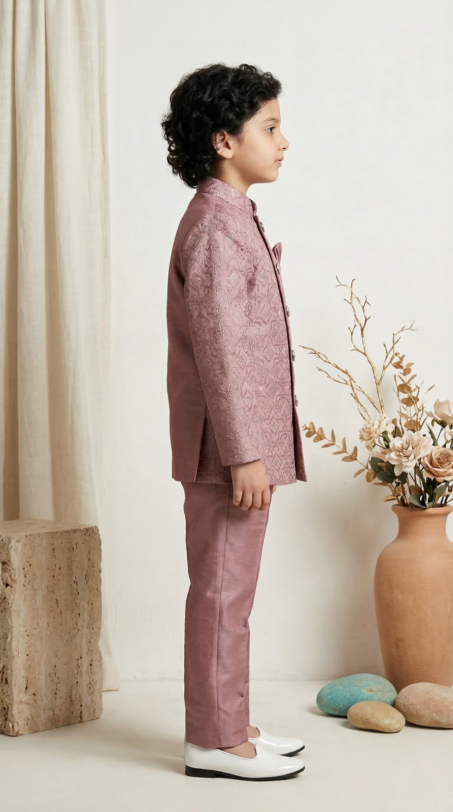 Ahhaaaa Boys Designer Jodhpuri Bandhgala Suit Set - Wine, Pink, Cream (2-11 Years)