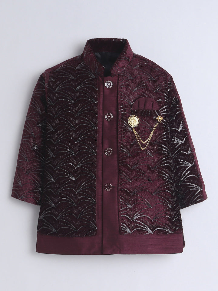 Ahhaaaa Boy's Velvet 2-Piece Indo-Western Set|Kids Sequin Embellished Work, Velvet Sherwani Set