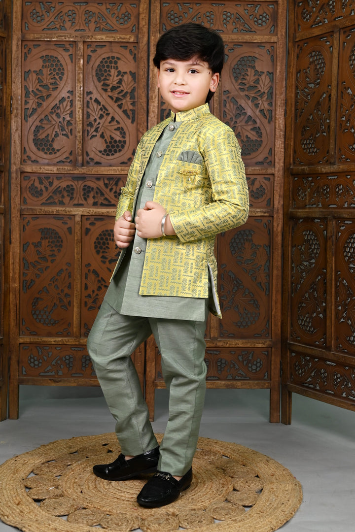 AHHAAAA Kids' Embroidered Jacquard Silk Sherwani – Boys' Wedding Sherwani Set with Festive Ethnic Prints |575|