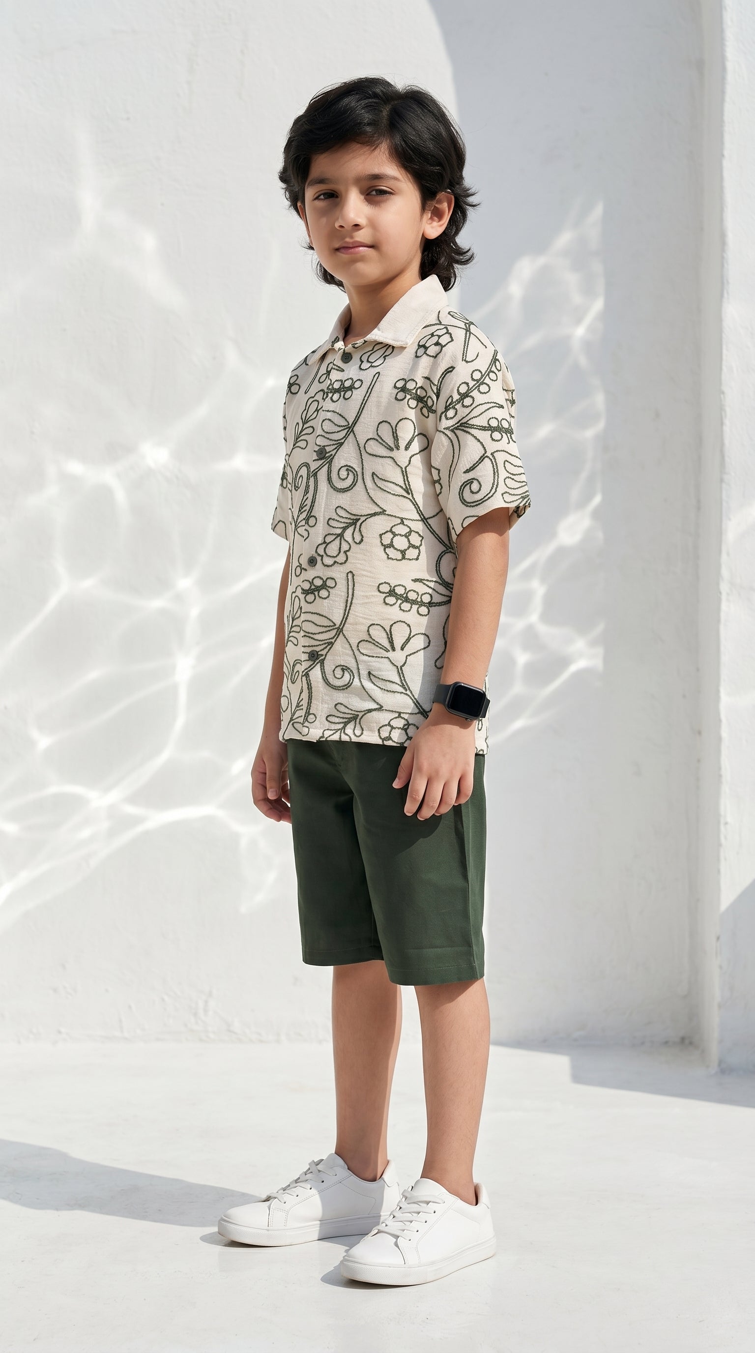 Ahhaaaa Boys 2-Piece Embroidered Floral Vine Co-ord Set - Brown, Green, Grey (2-12 Years)