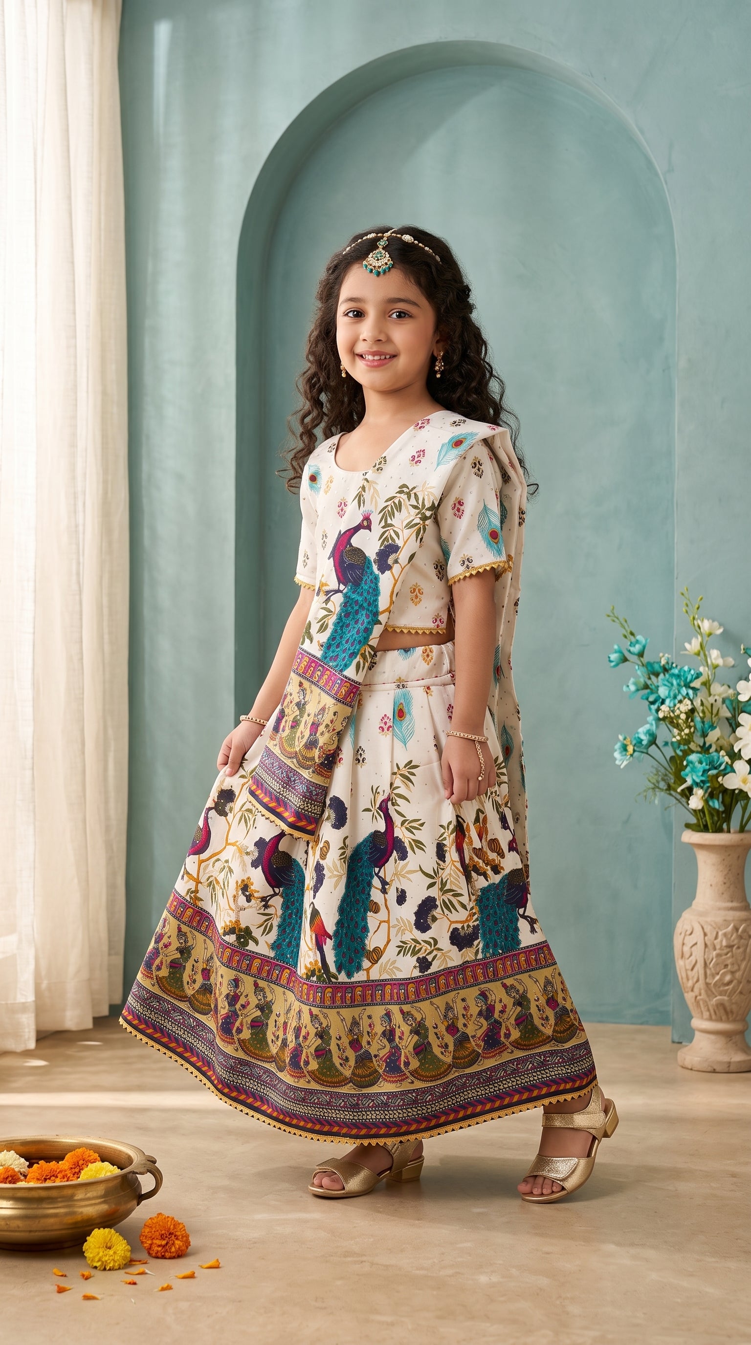 Ahhaaaa Girls' Peacock Kalamkari Print Chaniya Choli | Festive Lehenga Blouse & Draped Dupatta 3-Piece Set