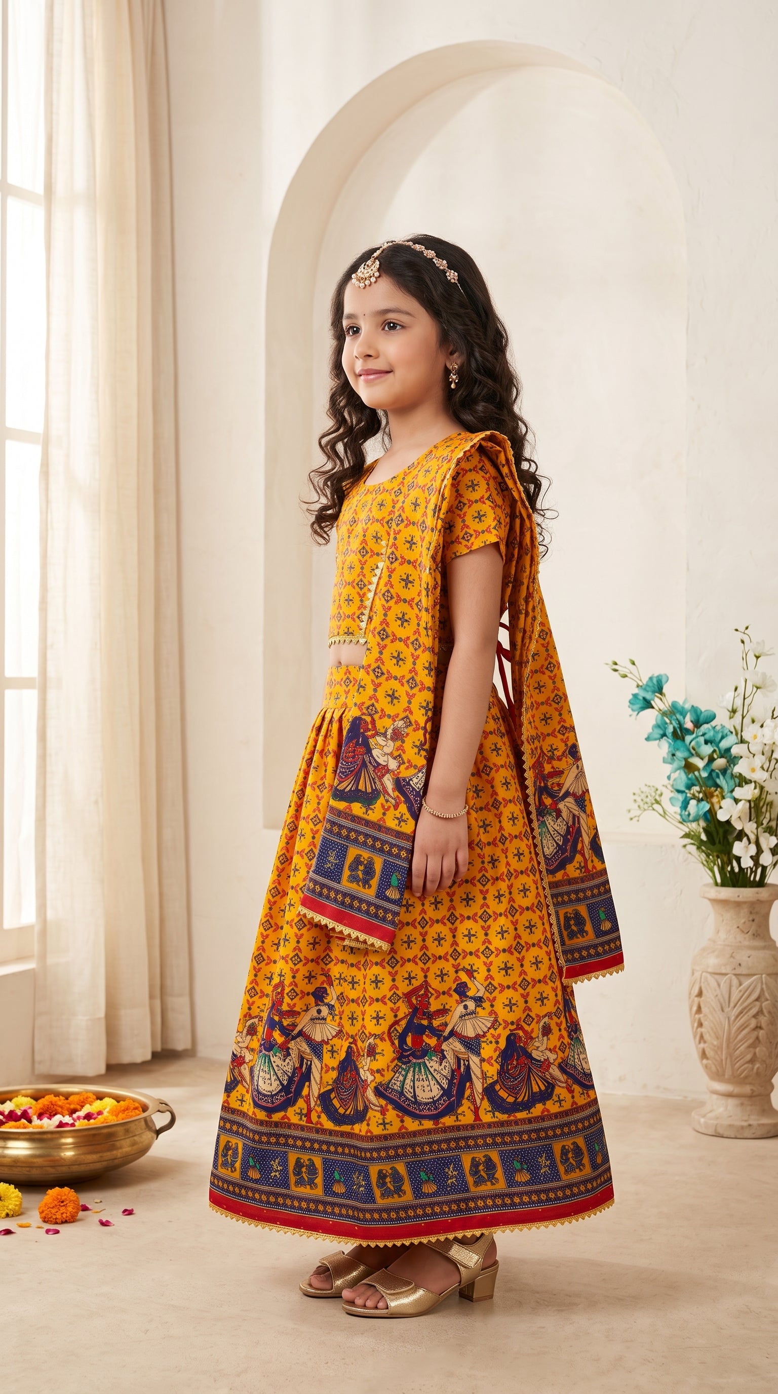 Ahhaaaa Girls' Traditional Dandiya Print Chaniya Choli | Festive Lehenga Blouse & Draped Dupatta 3-Piece Set