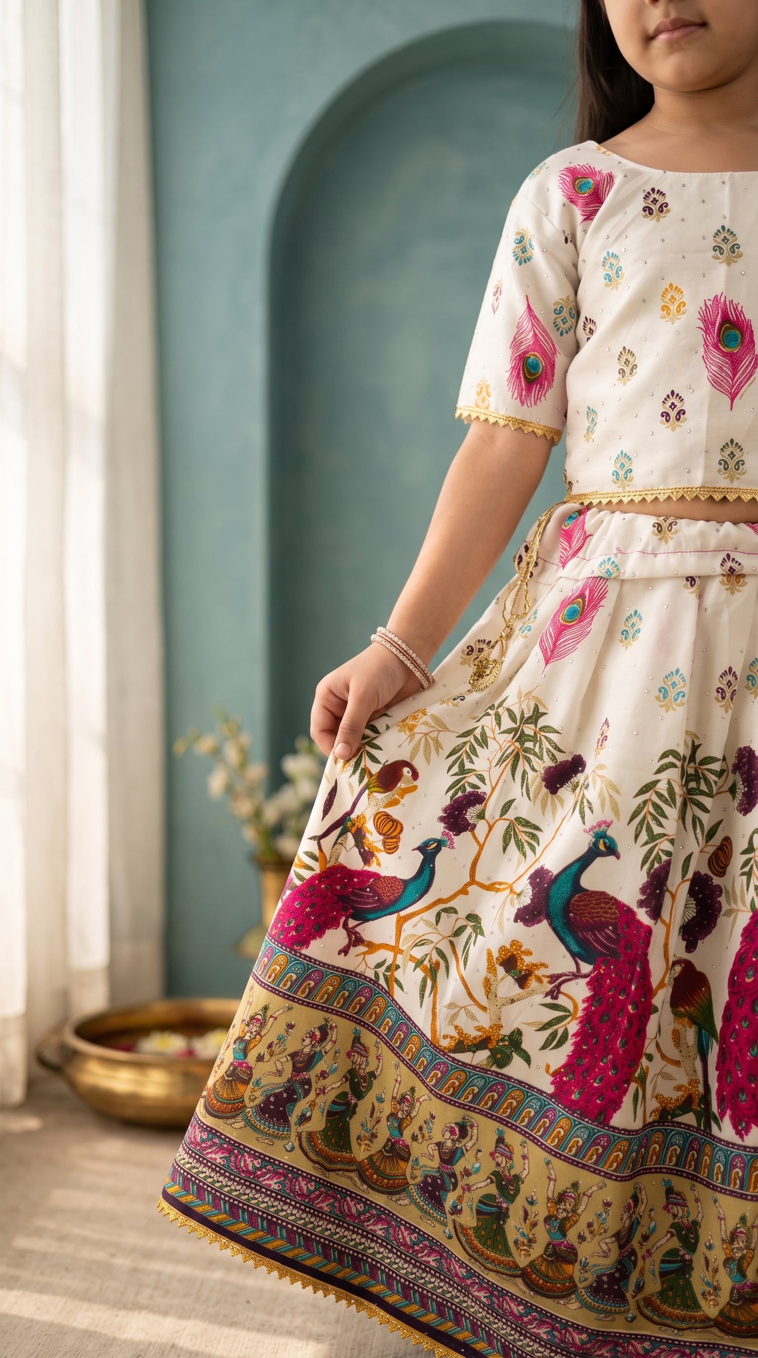 Ahhaaaa Girls' Peacock Kalamkari Print Chaniya Choli | Festive Lehenga Blouse & Draped Dupatta 3-Piece Set