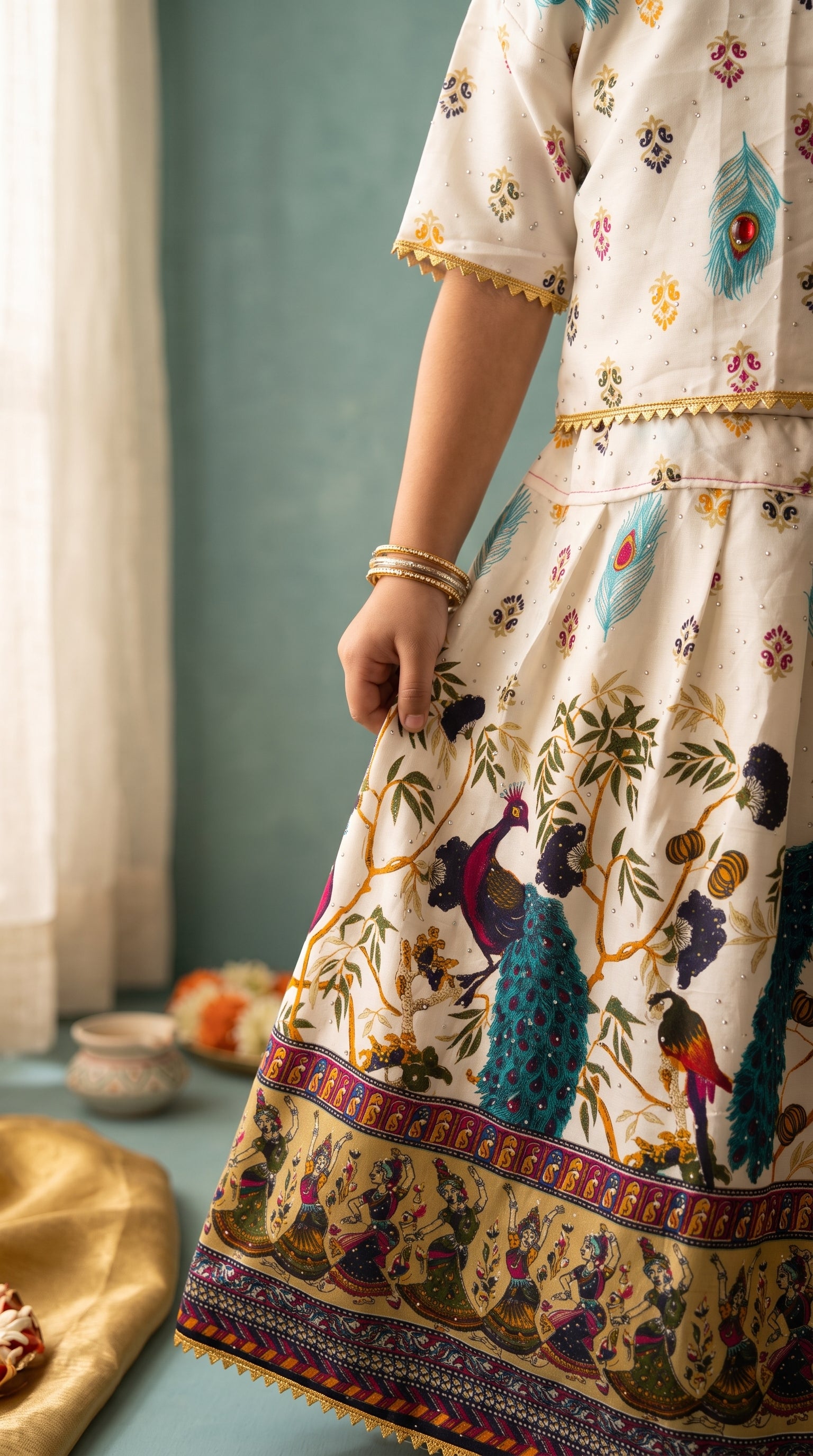 Ahhaaaa Girls' Peacock Kalamkari Print Chaniya Choli | Festive Lehenga Blouse & Draped Dupatta 3-Piece Set