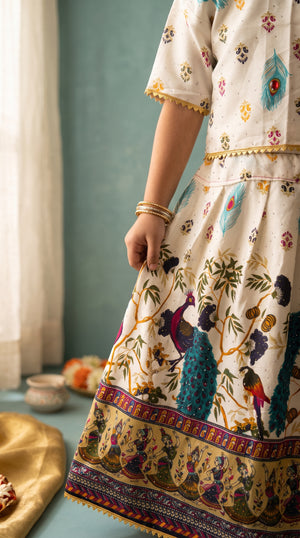 Ahhaaaa Girls' Peacock Kalamkari Print Chaniya Choli | Festive Lehenga Blouse & Draped Dupatta 3-Piece Set