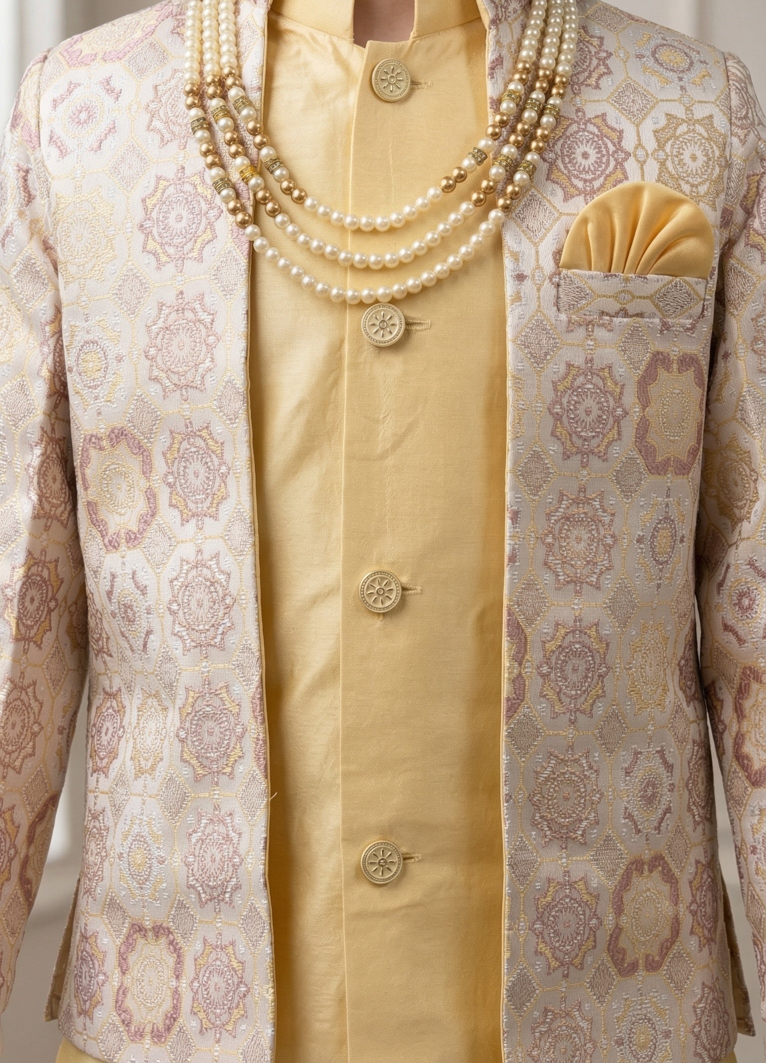 Ahhaaaa Boys' Royal Ethnic Printed Blazer with Sleeveless Kurta, Trouser & Maala Set (2-10 Years)