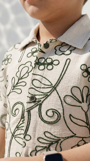 Ahhaaaa Boys 2-Piece Embroidered Floral Vine Co-ord Set - Brown, Green, Grey (2-12 Years)