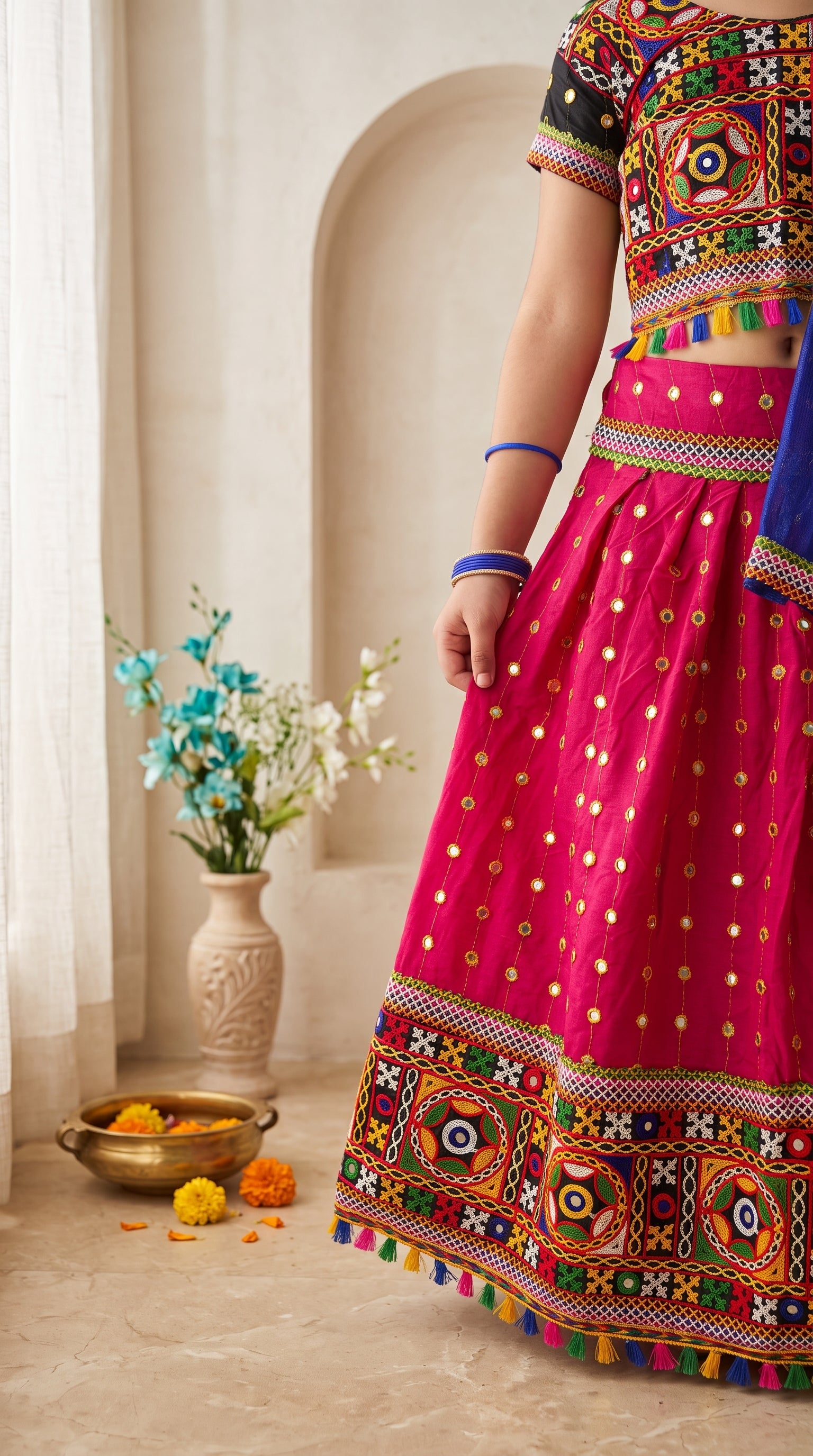 Ahhaaaa Girls' Traditional Dandiya Print Chaniya Choli | Festive Lehenga Blouse & Draped Dupatta 3-Piece Set