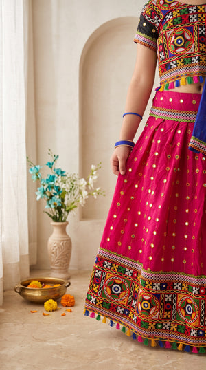 Ahhaaaa Girls' Traditional Dandiya Print Chaniya Choli | Festive Lehenga Blouse & Draped Dupatta 3-Piece Set