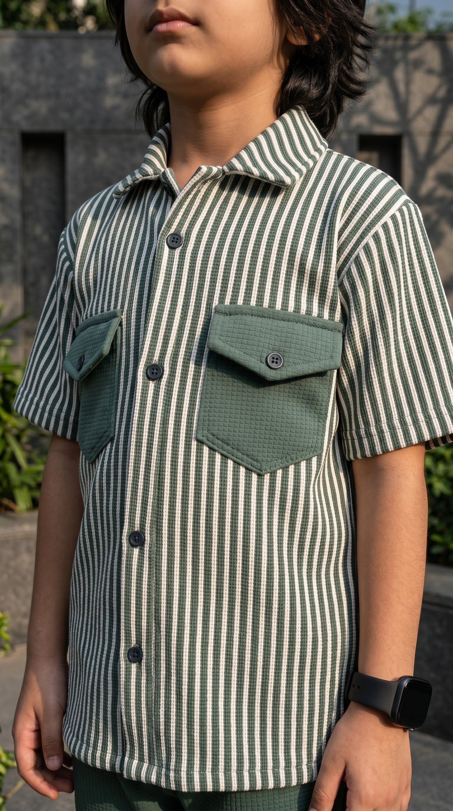 Ahhaaaa Boys 2-Piece Striped Textured Co-ord Set - Shirt & Shorts (Green, Pink, Grey)