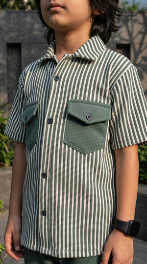 Ahhaaaa Boys 2-Piece Striped Textured Co-ord Set - Shirt & Shorts (Green, Pink, Grey)