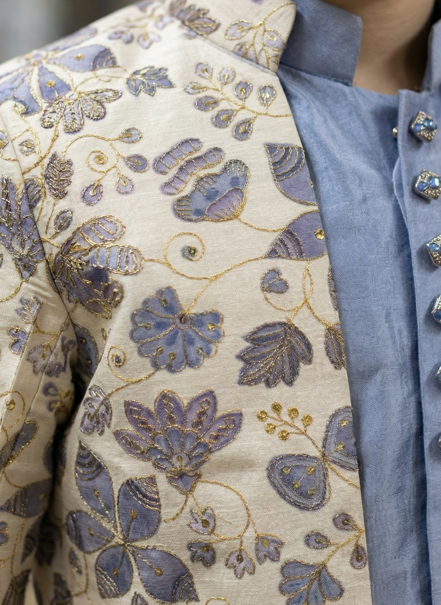 Ahhaaaa Boys 3-Piece Floral Zari Jacket, Sleeveless Kurta & Trouser Set - Blue, Pink, Turquoise