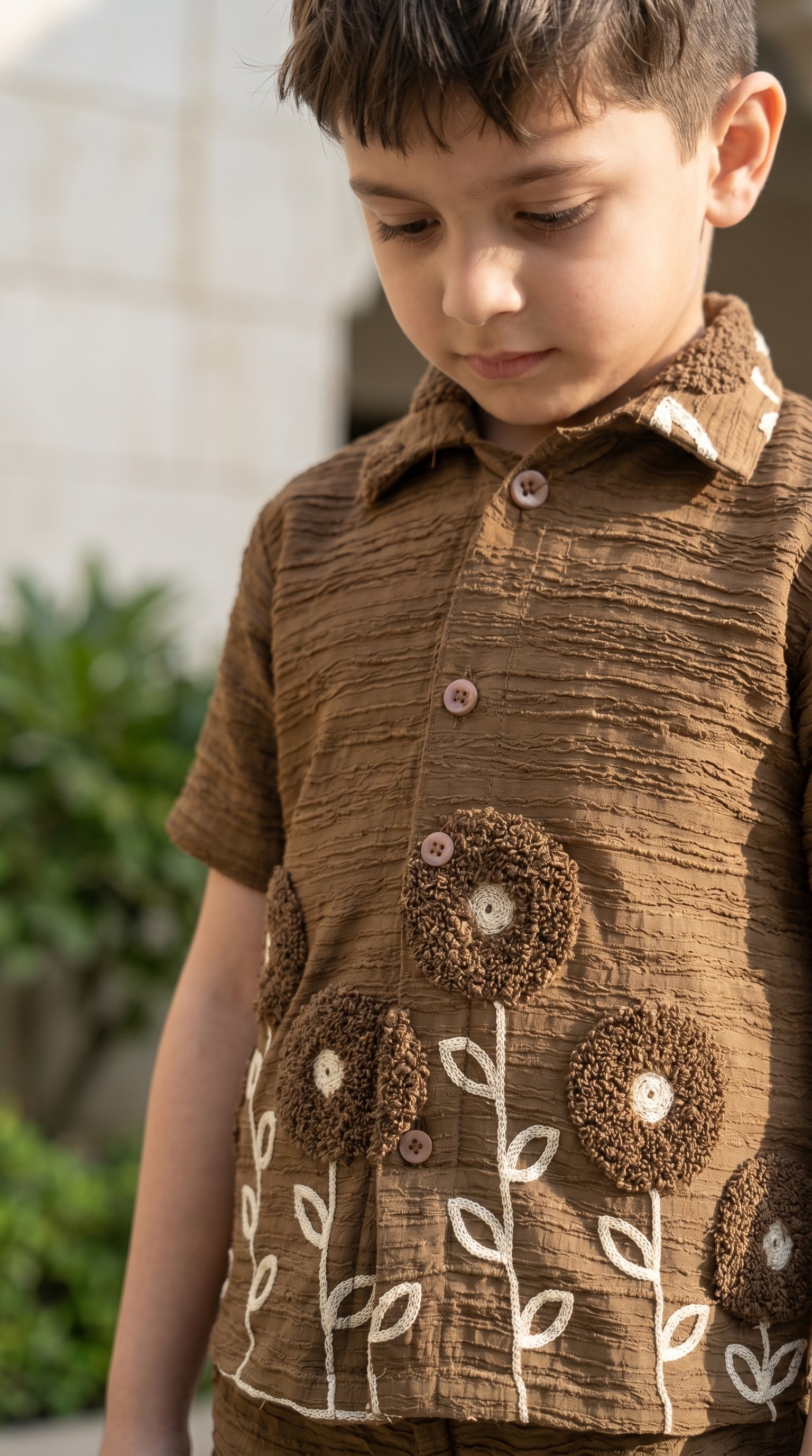 Ahhaaaa Boys Textured Co-ord Set with 3D Floral Embroidery - Shirt & Shorts (Brown, Green, Pink)