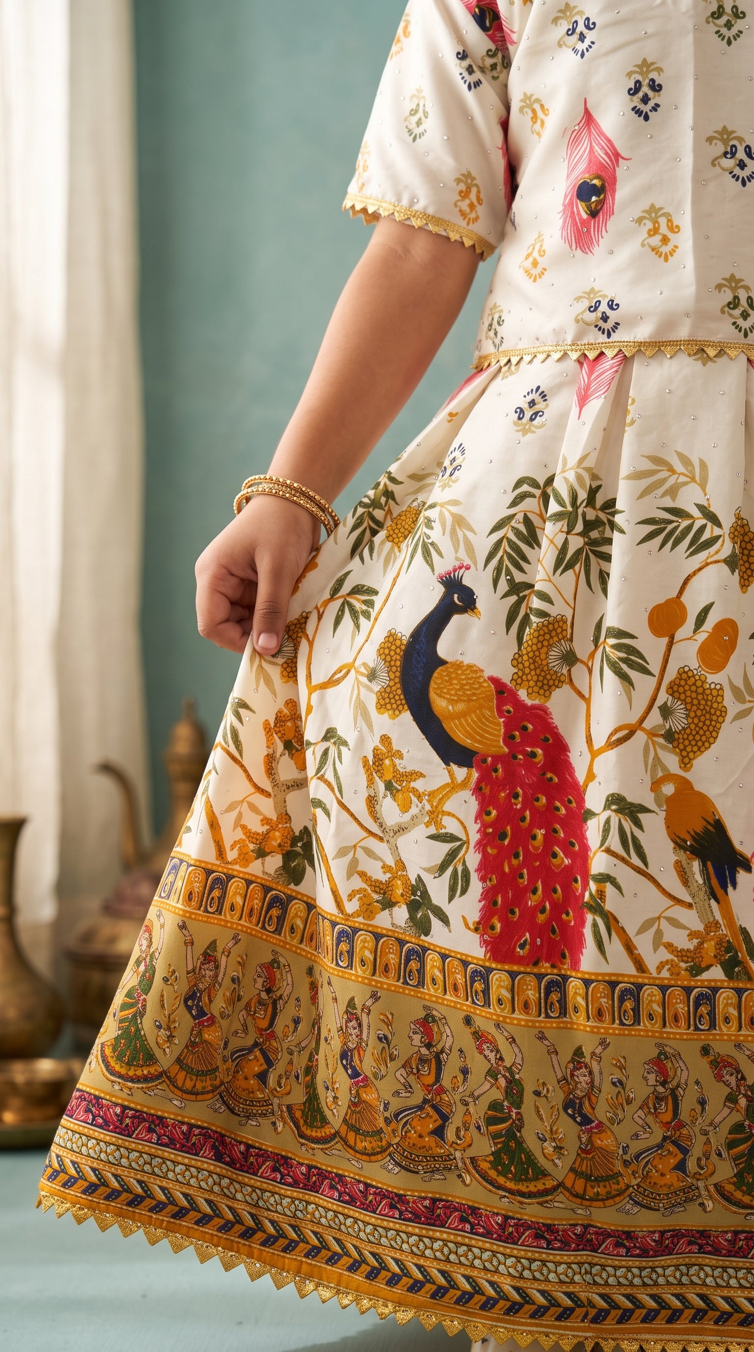 Ahhaaaa Girls' Peacock Kalamkari Print Chaniya Choli | Festive Lehenga Blouse & Draped Dupatta 3-Piece Set