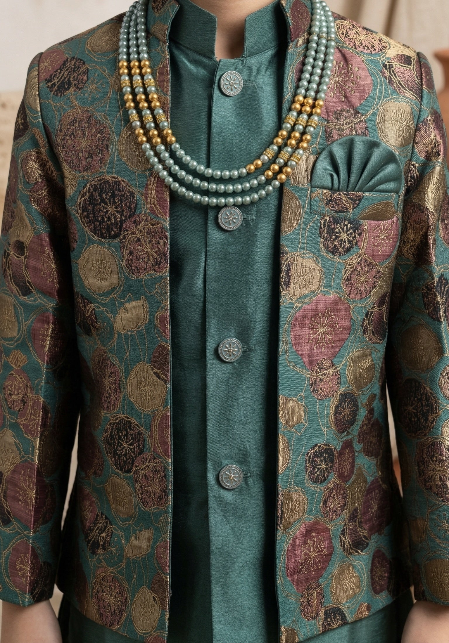 Ahhaaaa Boys 3-Piece Designer Indo-Western Jacket & Kurta Set - Blue, Gold, Maroon (2-11 Years)