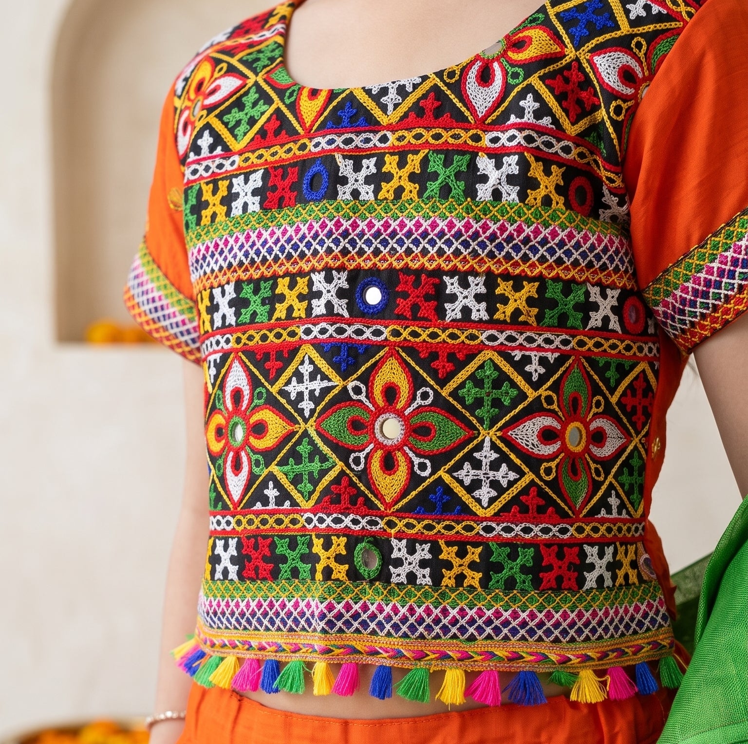 Ahhaaaa Girls' Traditional Dandiya Print Chaniya Choli | Festive Lehenga Blouse & Draped Dupatta 3-Piece Set