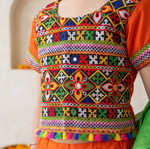 Ahhaaaa Girls' Traditional Dandiya Print Chaniya Choli | Festive Lehenga Blouse & Draped Dupatta 3-Piece Set