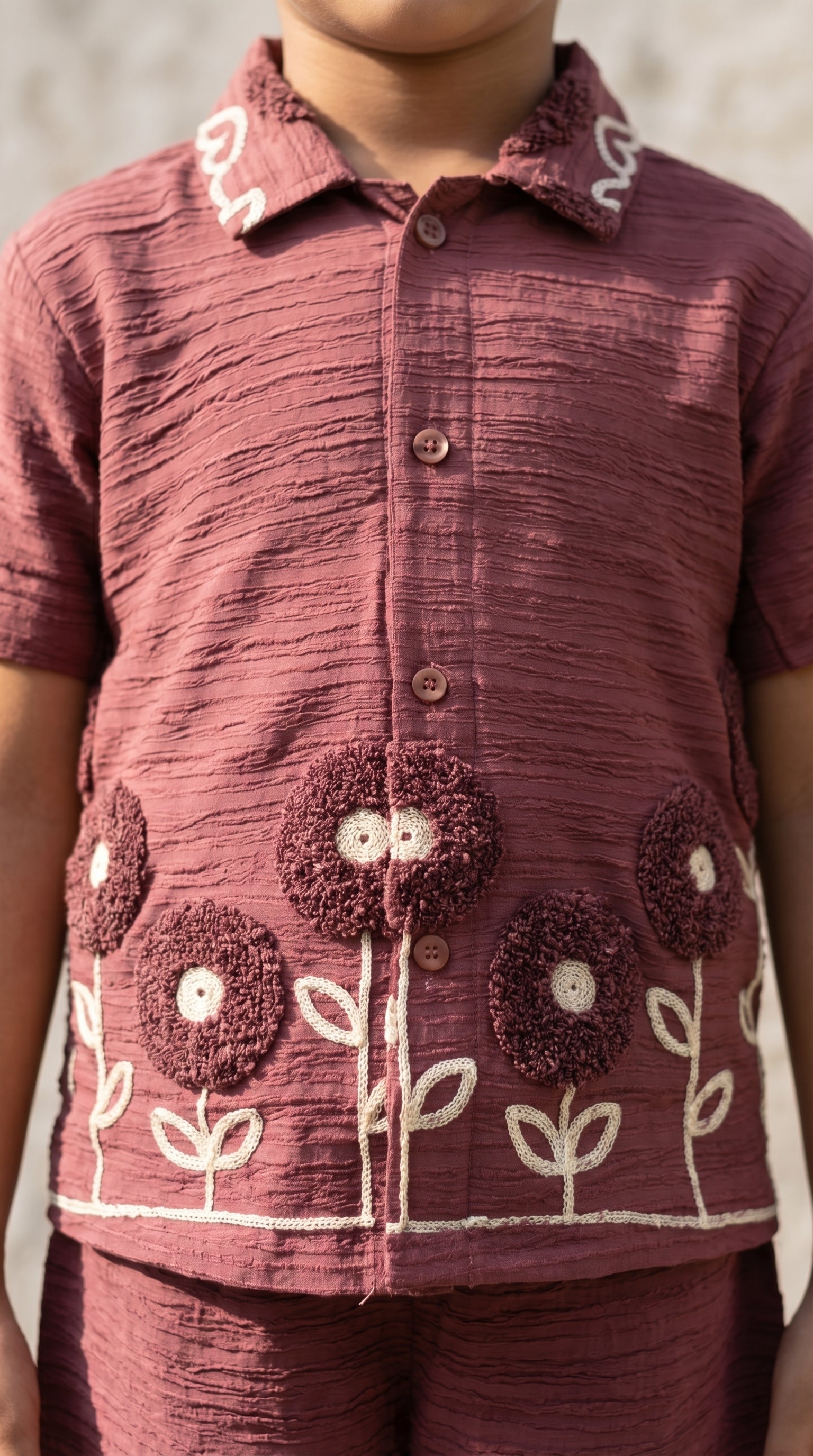 Ahhaaaa Boys Textured Co-ord Set with 3D Floral Embroidery - Shirt & Shorts (Brown, Green, Pink)