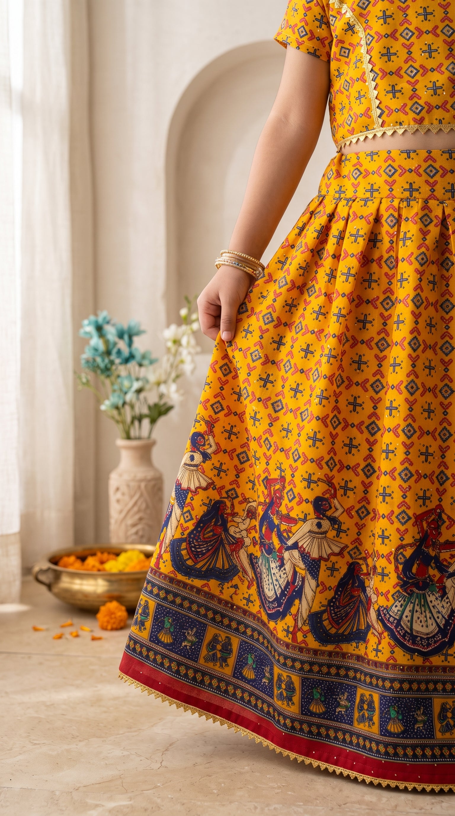 Ahhaaaa Girls' Traditional Dandiya Print Chaniya Choli | Festive Lehenga Blouse & Draped Dupatta 3-Piece Set