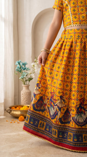 Ahhaaaa Girls' Traditional Dandiya Print Chaniya Choli | Festive Lehenga Blouse & Draped Dupatta 3-Piece Set