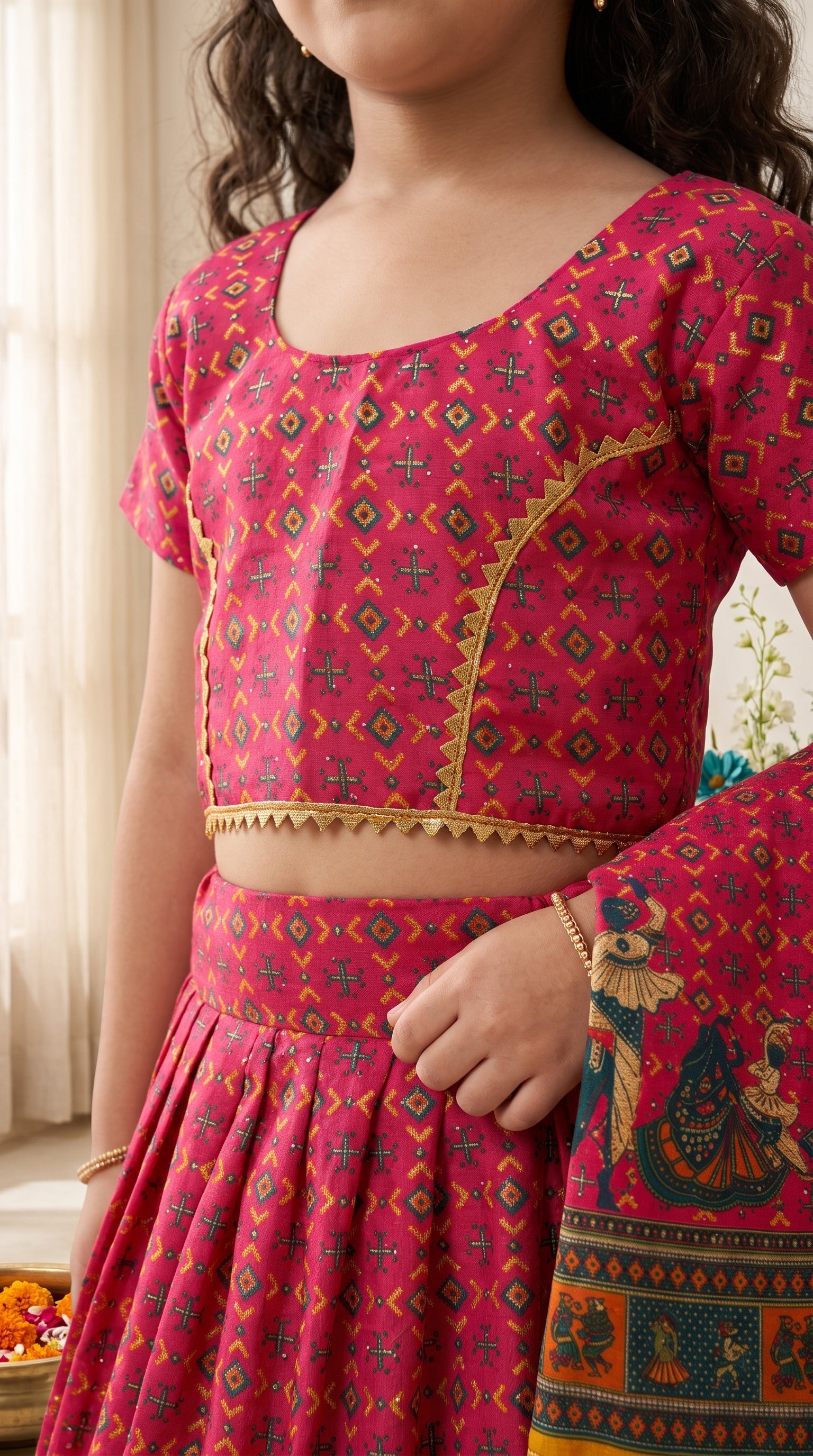 Ahhaaaa Girls' Traditional Dandiya Print Chaniya Choli | Festive Lehenga Blouse & Draped Dupatta 3-Piece Set