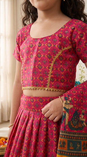 Ahhaaaa Girls' Traditional Dandiya Print Chaniya Choli | Festive Lehenga Blouse & Draped Dupatta 3-Piece Set