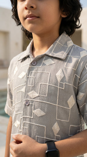 Ahhaaaa Boys 2-Piece Geometric Line-Art Co-ord Set - Brown, Green, Grey (2-12 Years)