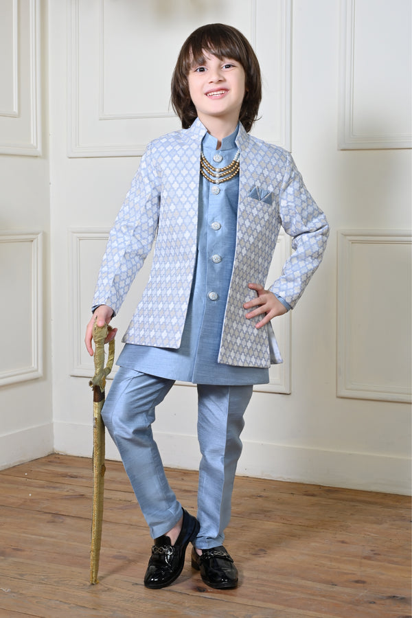 Ahhaaaa Kids Zari Work Indo-Western Kurta, Pajama and Waistcoat Ethnic Set For Boys Blue