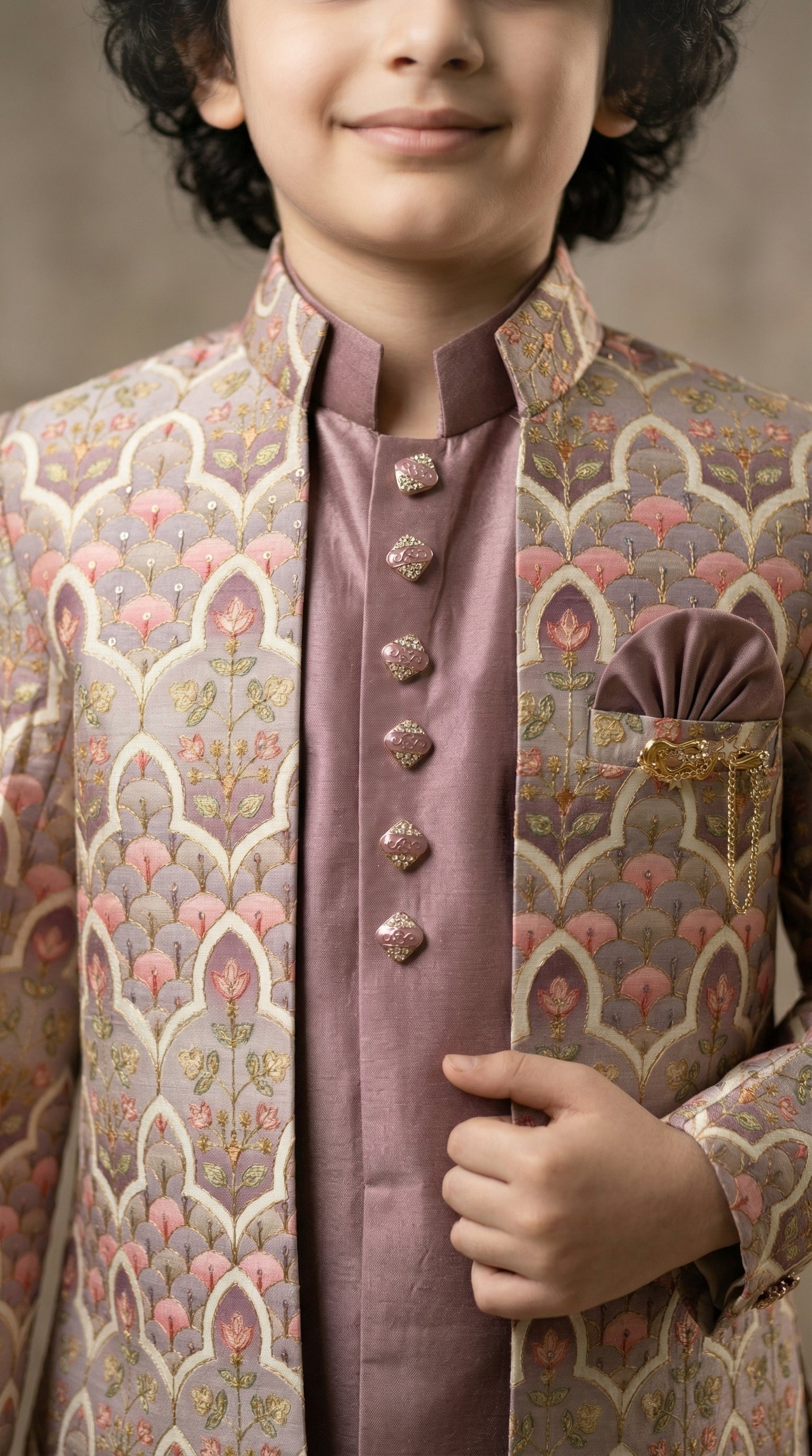 Ahhaaaa Boys Designer Indo-Western Jacket Set with Brooch & Jeweled Buttons (2-11 Years)