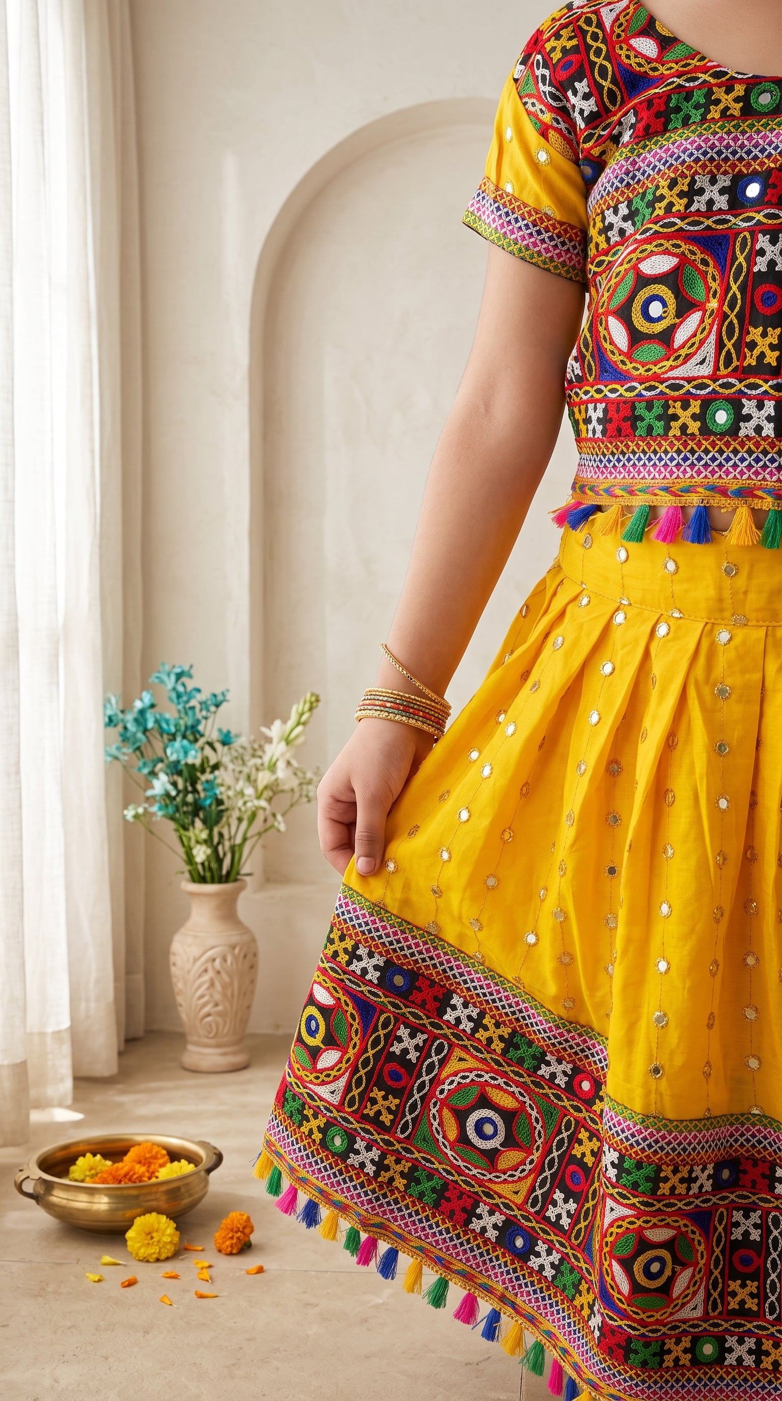 Ahhaaaa Girls' Traditional Dandiya Print Chaniya Choli | Festive Lehenga Blouse & Draped Dupatta 3-Piece Set