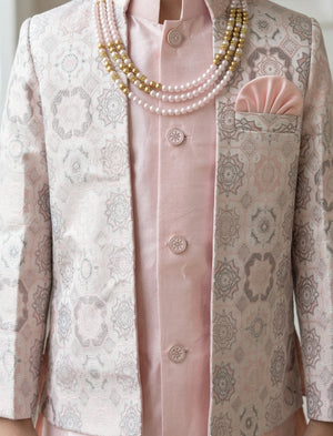 Ahhaaaa Boys' Royal Ethnic Printed Blazer with Sleeveless Kurta, Trouser & Maala Set (2-10 Years)