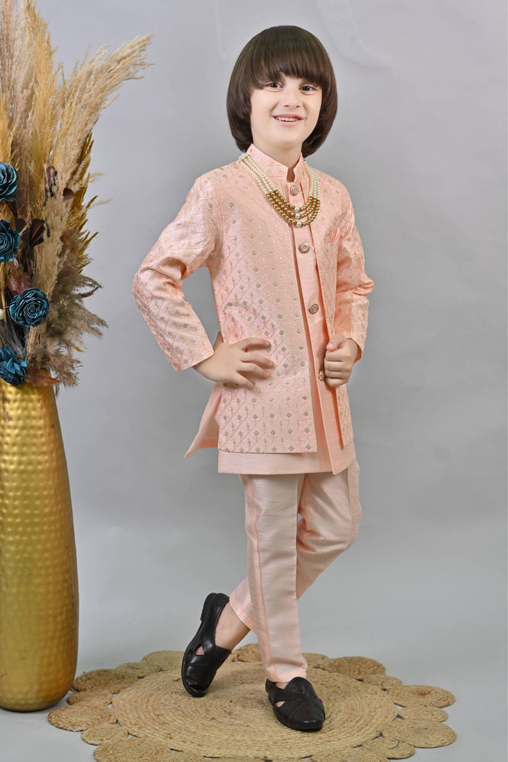 Ahhaaaa Kids Ethnic Jacquard Sequin Embellished Indo-Western Sherwani Set with Maala for Boys